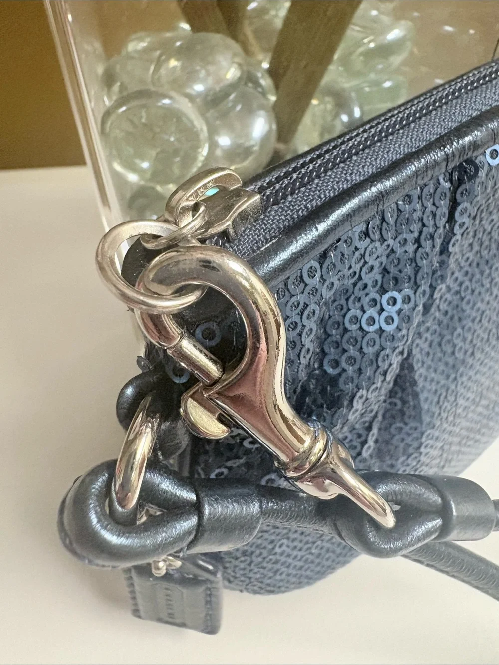 Coach Blue Sequin Wristlet Wallet Leather Strap Limited Edition - EUC